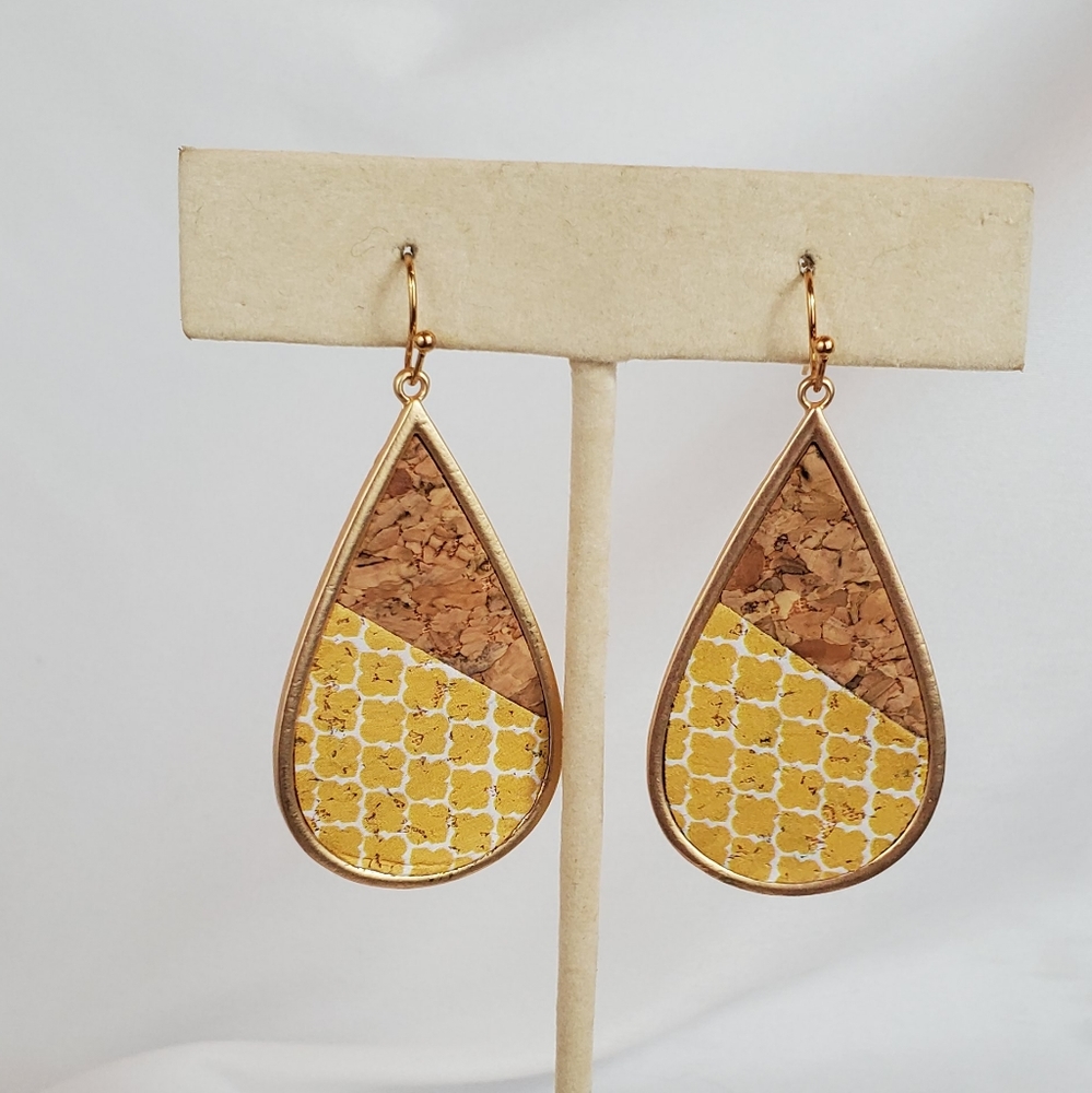 Yellow teardrop shaped earrings yellow clover shape cork earring